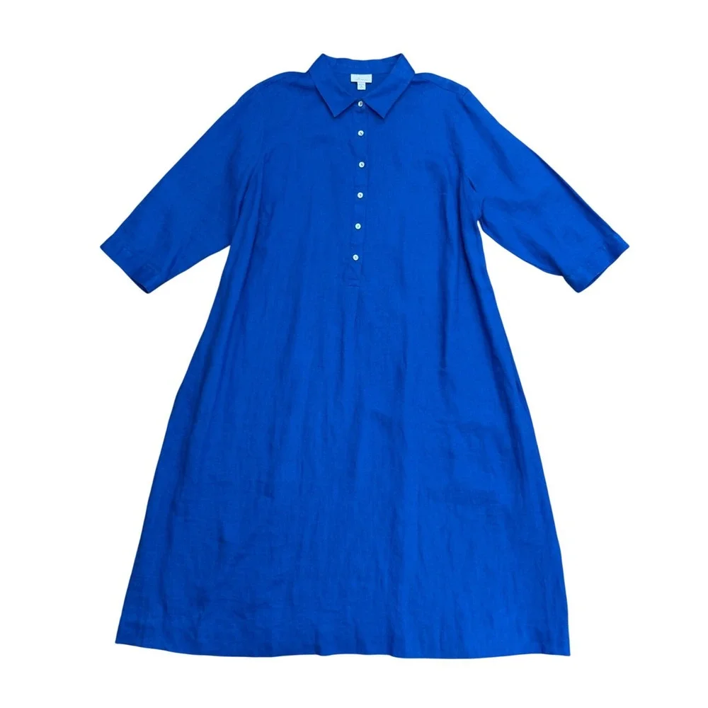 J. Jill Love Linen Shirt Dress Cobalt Blue XL Coastal Pockets 100% Linen preppy